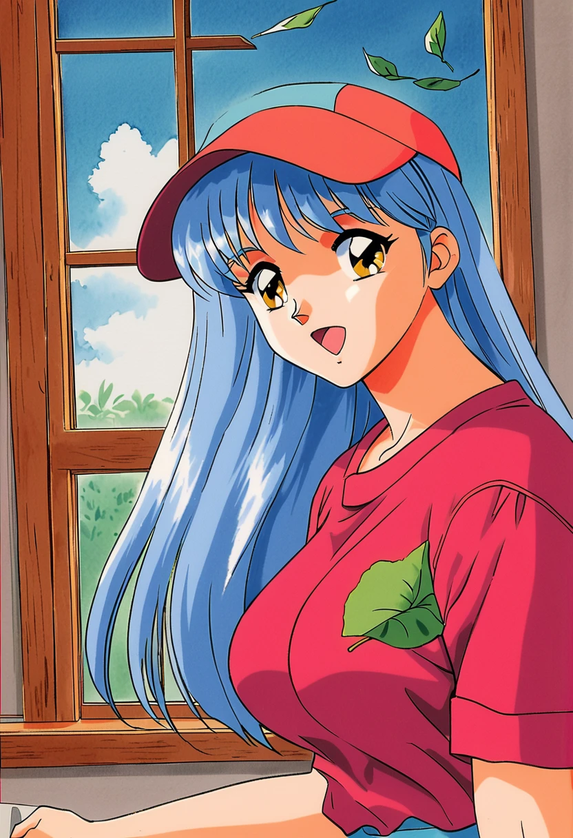 Kokura Masashi Style,
Fujisaki Shiori,One girl,retro artstyle,alone,1990s (style),Outdoor,Light blue hair,Open your mouth,Yellow Eyes,window,leaf,Upper Body,Red dress,View your viewers,Traditional Media,Bridal ，Medium long hair，Big Tits，Baseball cap