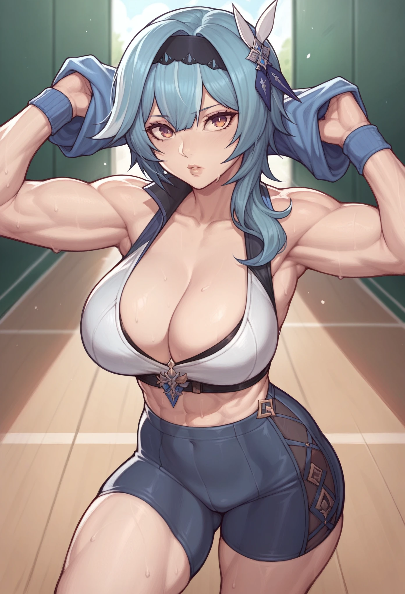 _asura style, eula (genshin impact), 1girl, solo, muscular, sport woman, cleavage, looking at viewer, large breasts