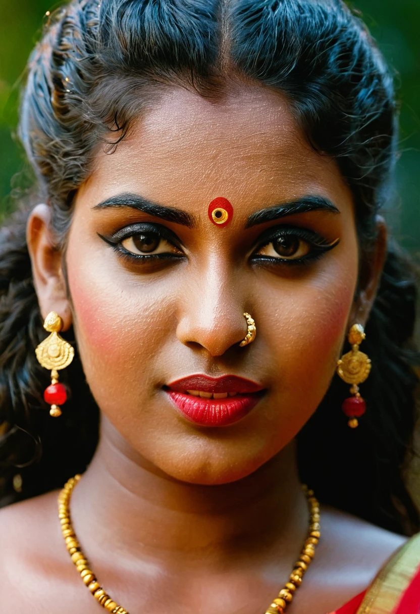 (((photo of a ancient kerala crowned temple goddess ))), (((black kali))) , (((Half Body))), (((very dark skin))), (((age 18+))), (((plus size chubby tall))), (((huge busty milky wet big massive boobs))), (((nude thick thigh))), (((ancient black mini skirt))), ((black skin dark body)), (((red ornaments))), (((depth of field))), ((( flame bokeh))), (((rain))), ((( flashing light leaks))), (((divine))), photorealistic,photo, realism, Getty Images, RAW candid cinema, 16mm, colour graded portra 400 film, remarkable colour, ultra realistic, textured skin, remarkable detailed pupils, realistic dull skin noise, visible skin detail, skin fuzz, dry skin, shot with cinematic,light leaks, RAW Image, DOF, depth of field,bokeh,mylocalgirl