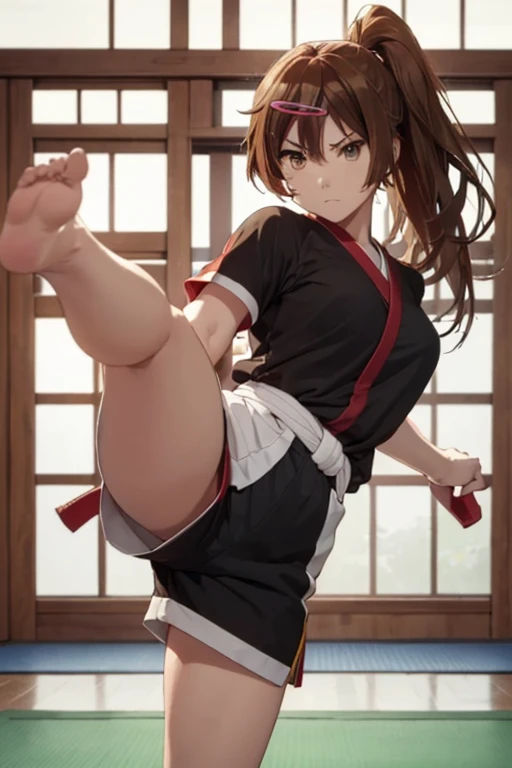 1girl, shinka_nibutani, brown hair, long hair, brown eyes, hair ornament, hairclip, angry stare, wearing karate uniform with short sleeves, shorts, standing on one leg, straight legs, high kick, soles facing viewer, barefoot, accurate foot, accurate hands, barehands, fighting stance, martial arts, in a dojo, facing viewer, perfect proportions, (best quality,8K,high resolution,ultra-detailed,masterpiece)