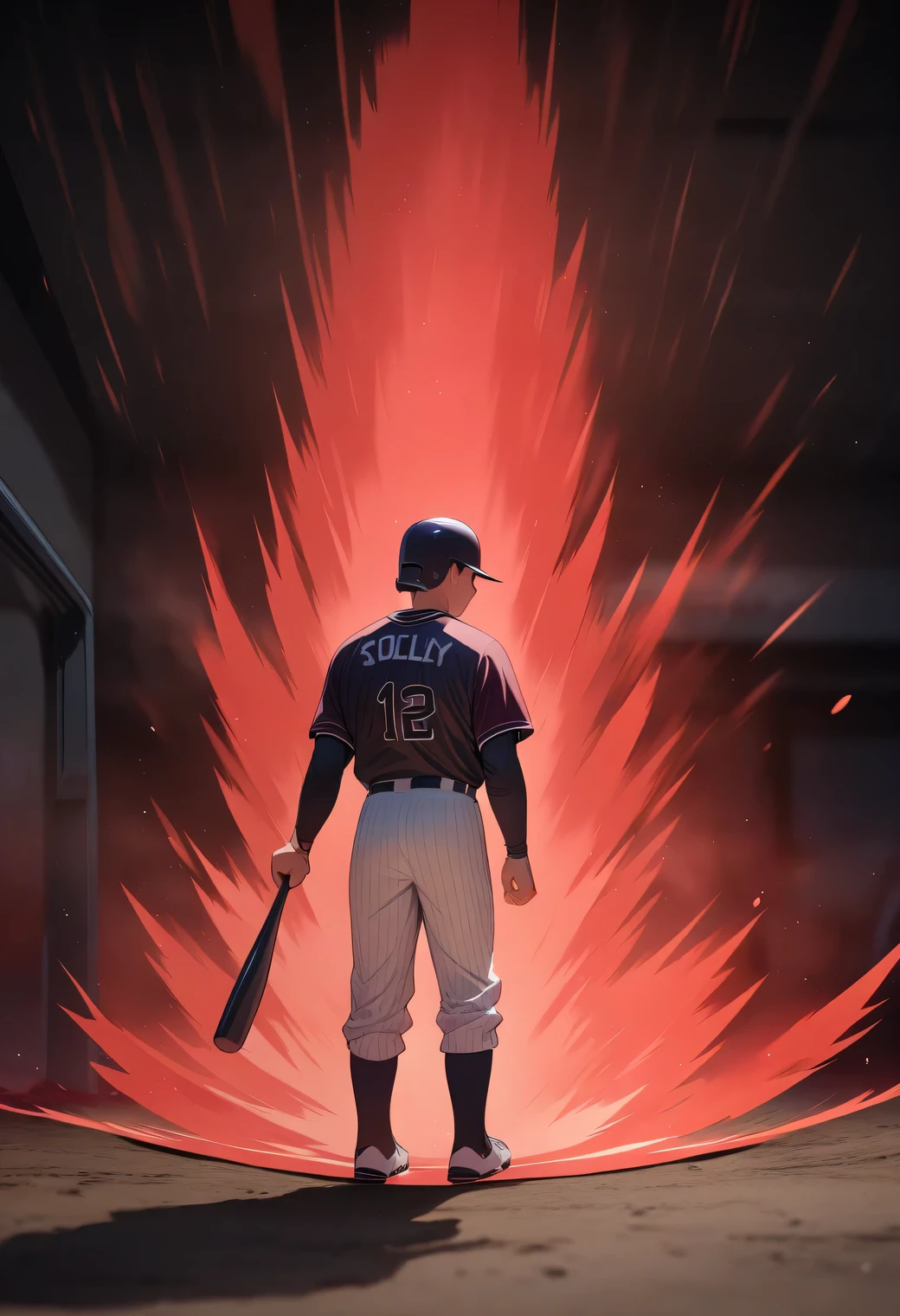 masterpiece, best quality, very aesthetic, absurdres, Figure seen from the rear, baseball player, tense atmosphere, baseball uniforms: 1.5, Walking slowly to the batter's box with a bat, (red aura:1.2), Walking down a dark corridor towards the field