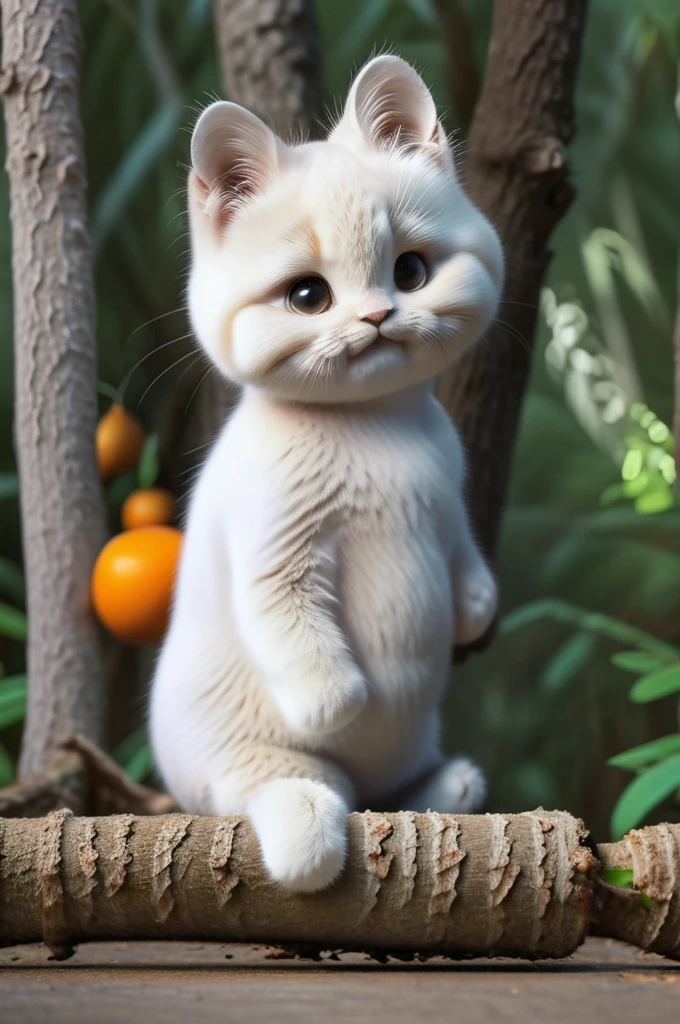 high resolution photo front portrait of a one very cute white cat praying sitting on a tree branch in a lush forest, cat, orange, fat, garfield, no_humans, depth of field, Disney style, DARK_Glam, using DRK_Glam, deep shadow, (dark: 1.4), (8k, RAW photo, best quality, masterpiece: 1.2), big happy expression with mouth.