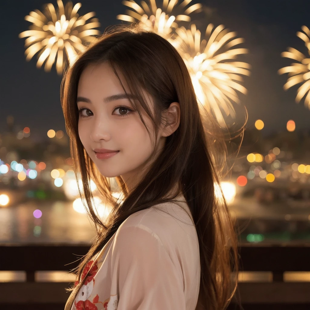 best qualtiy、​masterpiece、photoRealstic、intricate-detail、Raw foto、Photon Rendering、Octane Rendering、absurderes、ultra-detailliert、A detailed face、Detailed skin、Trending in art stations、8K Masterpiece、lighting like a movie、( (1girl in))、((独奏) ))、CG Social Trends、Plastic En、((Black Long Hair))、((Beautuful Women))、(A smile)、Upper teeth、Fashionable、Hair that flutters in the wind、((Flowing hair))、fashion magazine、((A sexy))、((lighting like a movie)、((indirect lighting)、、(ssex)、Grinning、(View from a distance)、((Festival of Japan))、Kimono、((Fireworks Festival))、