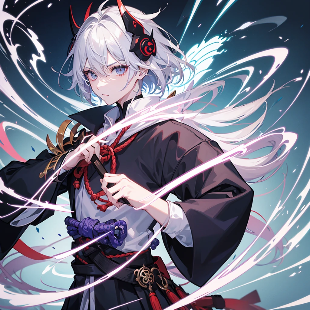 a solo androgynous person clad in ghostly samurai like armor, with a full face mask thats swirled into a spiral, wielding a bow