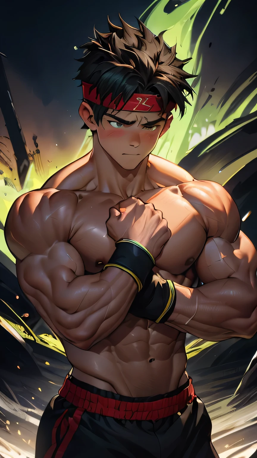 (Masterpiece, Best quality, 8k, ultra-detailed, 17 year old boy, worm eyes, black background), Young, boy, muscler, Shirtless, ((((solo, intense battle scene, heroic figure, surrounded by swirling green aura)))), (Dark Short straight hair, ((almost completely shaved hair)), under cut, brown eyes), (red headband, ((black wristband))), Vivid colors, ((hot Abs:1.2, abs!, big abs, big breast:1.2, chest!, muscler upper arms, clenched fist)), muscler!, muscler body, Man with martial arts stance, detailed face, detailed muscle, (((random fighting pose, powerful, action, rippling muscles, turquoise aura around body, concentrate, deep night, man of steel, punching)))