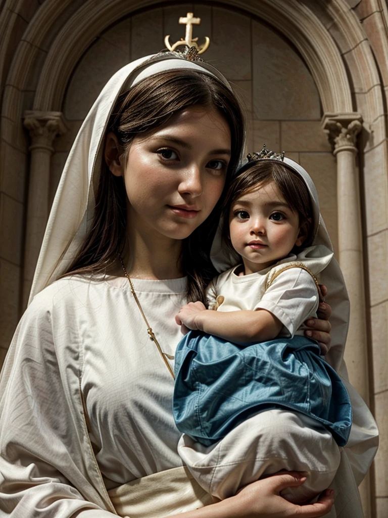 a close up of a woman holding a baby in her arms, virgin mary, with jesus, mother, queen of heaven, beautiful depiction, holy, catholic religious art, holy and beautiful, rendered, beautiful image, beautiful art, jayson tatum as mother mary