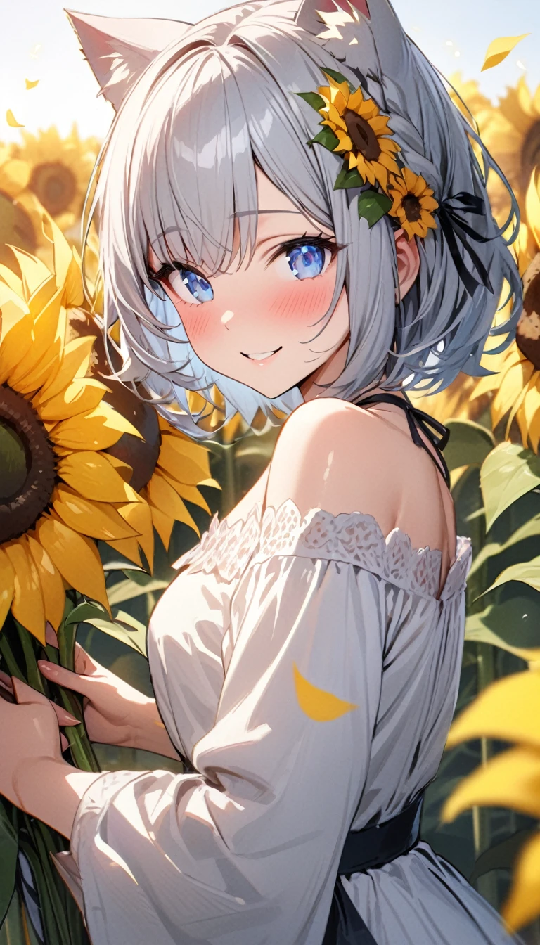(((best quality)), ((masterpiece)), (details), masterpiece, best quality, high quality, ulutra detailed, perfect face, ((1girl, blue eyes, cat ears: 1.3 silver bob hair: 2.5,)) 、Shiny Hair、Glowing Skin、blush、Lustful look、smile、Off-the-shoulder dress、Flower Hair Ornaments、Petals fluttering、holding a bouquet of sunflowers、Sunflower field background