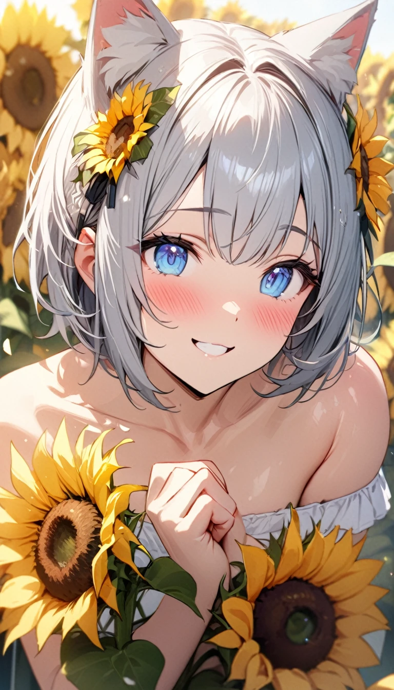 (((best quality)), ((masterpiece)), (details), masterpiece, best quality, high quality, ulutra detailed, perfect face, ((1girl, blue eyes, cat ears: 1.3 silver bob hair: 2.5,)) 、Shiny Hair、Glowing Skin、blush、Lustful look、smile、Off-the-shoulder dress、Flower Hair Ornaments、Petals fluttering、holding a bouquet of sunflowers、Sunflower field background