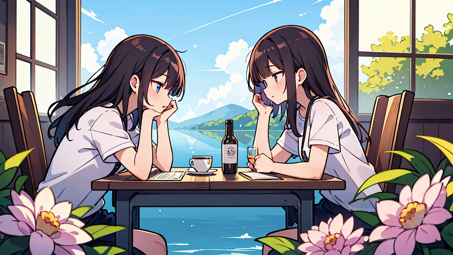 (masterpiece, best quality),2 18 year old women, different hair colors, different faces, flower, long hair, outdoors, short sleeve, chapped lips, cloud, black hair, sunlight, casual attire, angel, whole body, from the side, In a spacious café, study at desk,My eyes are on the note, together, stylish outfit,
