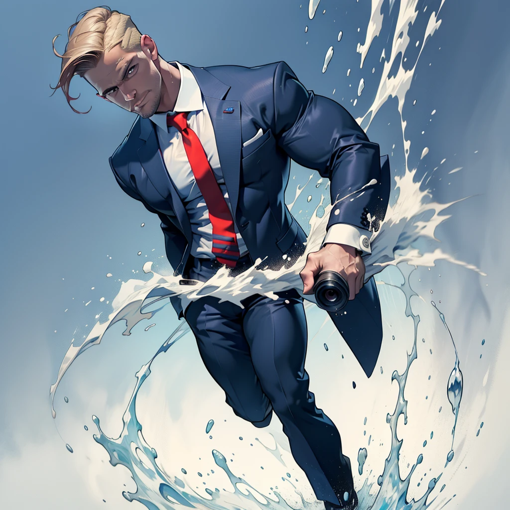 1 man, male focus solo, middle aged man,Stephen AMELL as private investigator,  lean muscle,very  light blue shirt, marine blue businessman suit ,( red tie) ,( big bulge), full body shot, dark blond short hair, well groomed facial hair, holding a gun with one hand, , ultra high quality, masterpiece, (clear intense splashed blue and white paint in the blackground)