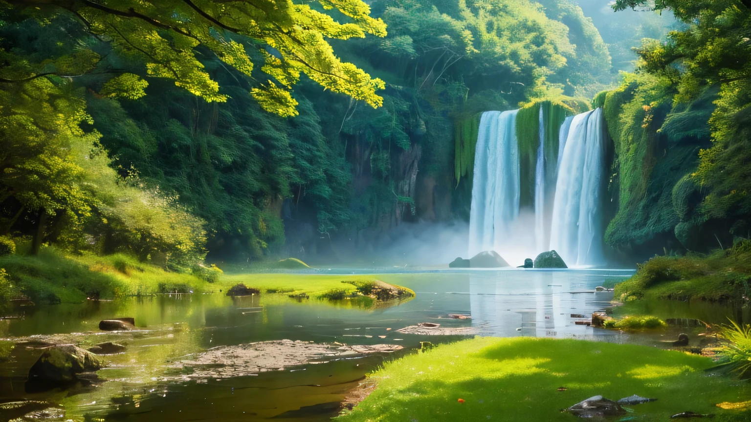Ghibli,Hayao Miyazaki,Xin Haichenfeng,Nausicaä of the Valley of the Wind,8K,Highest quality,Image of leaves and raindrops, Romantic landscape style, Canon EOS 5D Mark IV, Bright impressionist, Traditional, Sparkling Water Reflection,