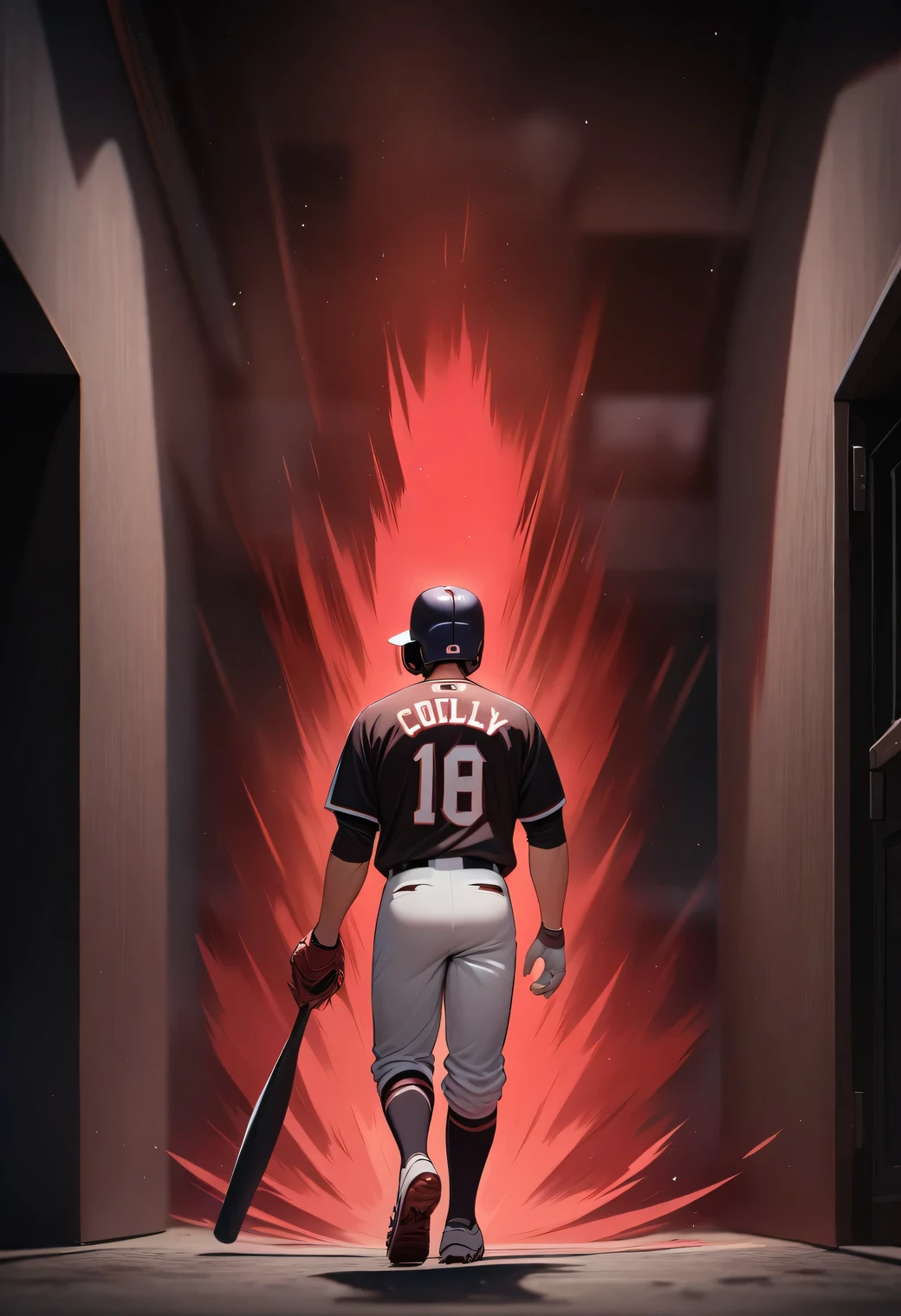 masterpiece, best quality, very aesthetic, absurdres, Figure seen from the rear, baseball player, tense atmosphere, baseball uniforms: 1.5, Walking slowly to the batter's box with a bat, (red aura:1.2), Walking down a dark corridor towards the field