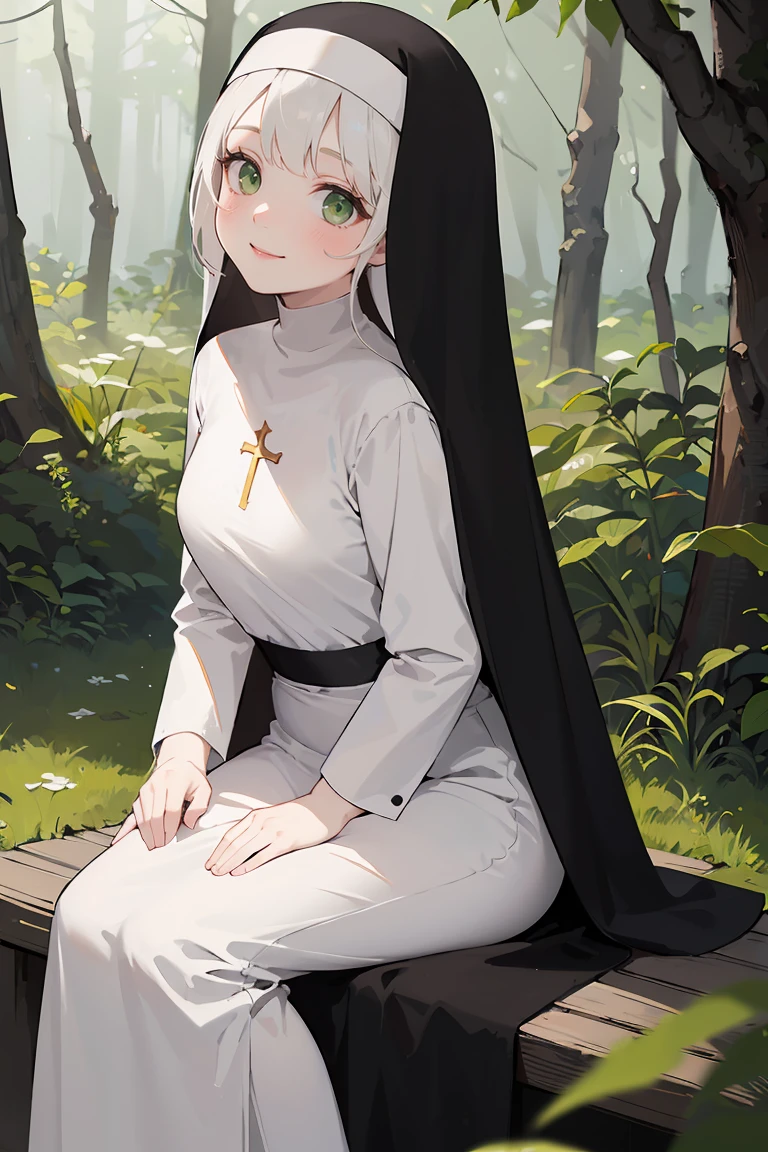 masterpiece, best quality, highly detailed background, perfect lighting, best quality, (extremely detailed face), volumetric lighting, intricate details, shadow, tonemapping, sharp focus, hyper detailed, trending on Artstation, (solo), ((Looking at the viewer)), (White hair), ((thin)), ((green eyes)), ((nun)), ((dressed as a nun)), ((nun's long skirt)), ((delicate)), ((thin and fine figure)), ((elegant)), ((smile)), (blush) ((sitting in the forest))