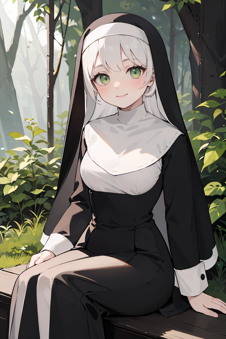 masterpiece, best quality, highly detailed background, perfect lighting, best quality, (extremely detailed face), volumetric lighting, intricate details, shadow, tonemapping, sharp focus, hyper detailed, trending on Artstation, (solo), ((Looking at the viewer)), (White hair), ((thin)), ((green eyes)), ((nun)), ((dressed as a nun)), ((nun's long skirt)), ((delicate)), ((thin and fine figure)), ((elegant)), ((smile)), (blush) ((sitting in the forest))