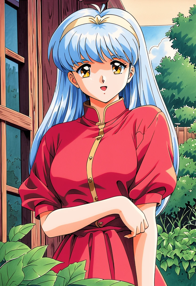 Kokura Masashi Style,
Fujisaki Shiori,One girl,retro artstyle,alone,1990s (style),Outdoor,Light blue hair,Open your mouth,Yellow Eyes,window,leaf,Upper Body,Red dress,View your viewers,Traditional Media,Bridal ，Medium long hair，Big Tits，Headband，