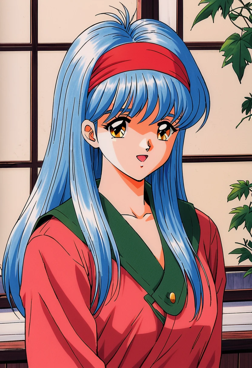 Kokura Masashi Style,
Fujisaki Shiori,One girl,retro artstyle,alone,1990s (style),Outdoor,Light blue hair,Open your mouth,Yellow Eyes,window,leaf,Upper Body,Red dress,View your viewers,Traditional Media,Bridal ，Medium long hair，Big Tits，Headband，