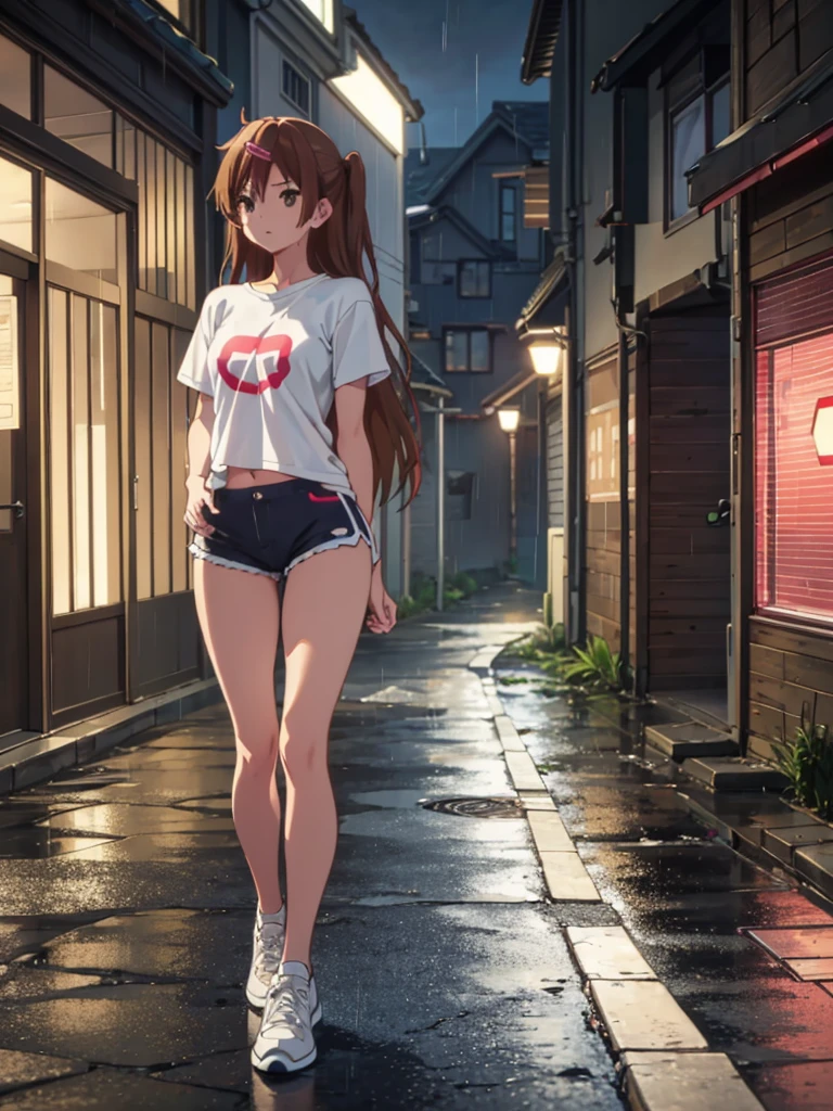 Girl, short tight shorts,t-shirt, Bare breasts, chest visible, street  background, Narrow passage between houses, night, rain, slim body, In full growth, Sneakers , small breast