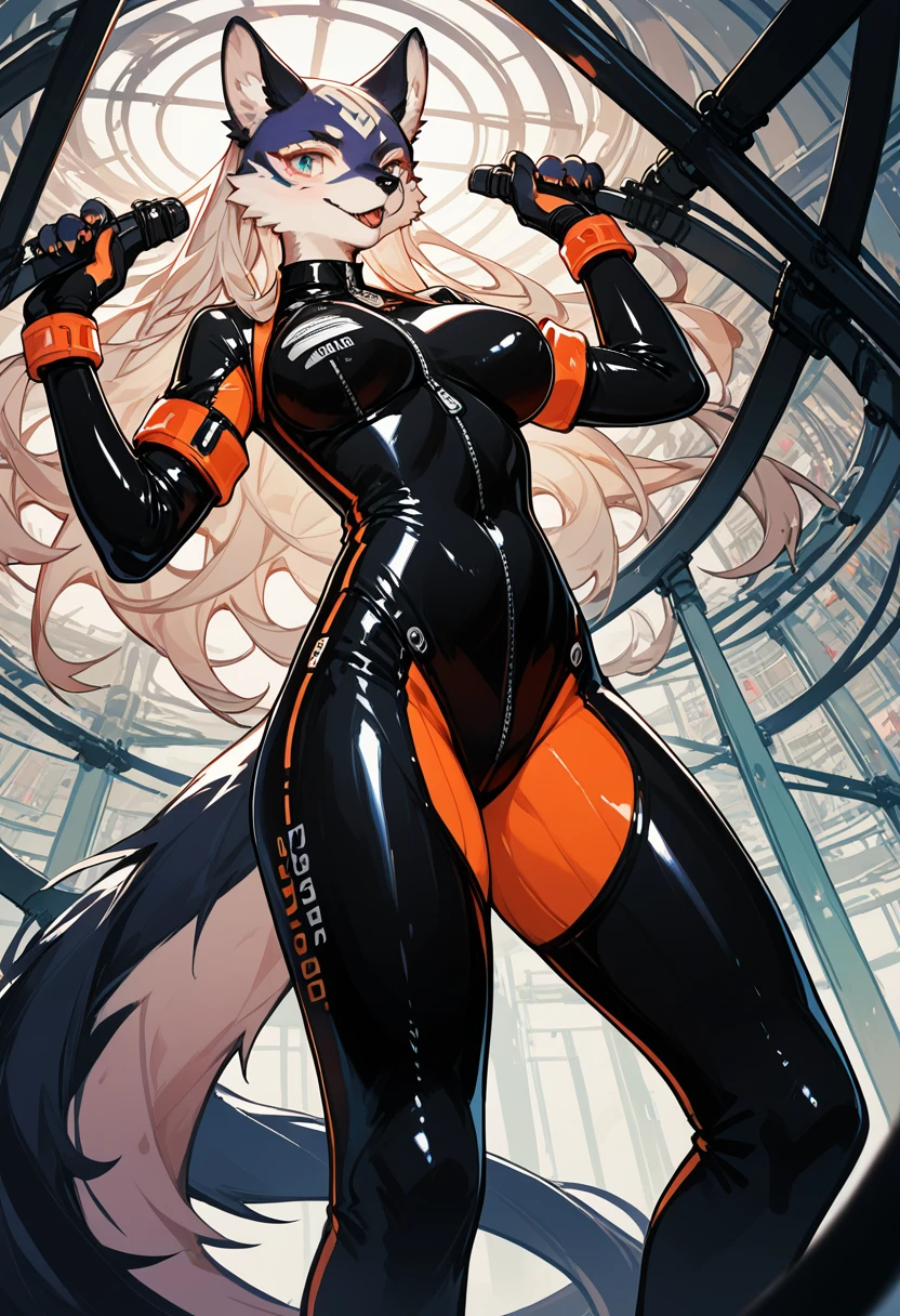 Highest quality, Highest quality, High quality illustrations, masterpiece, Ultra-high resolution, Detailed Background, cyber-, Absurd, Perfect Anatomy, performance, Good lighting, Shadows in the movies(kemono, Furry Personifi猫ion), Rubber suit, latex, neon, neonライト, neonカラー, Bodysuits, Plug Suit, cyber-スーツ