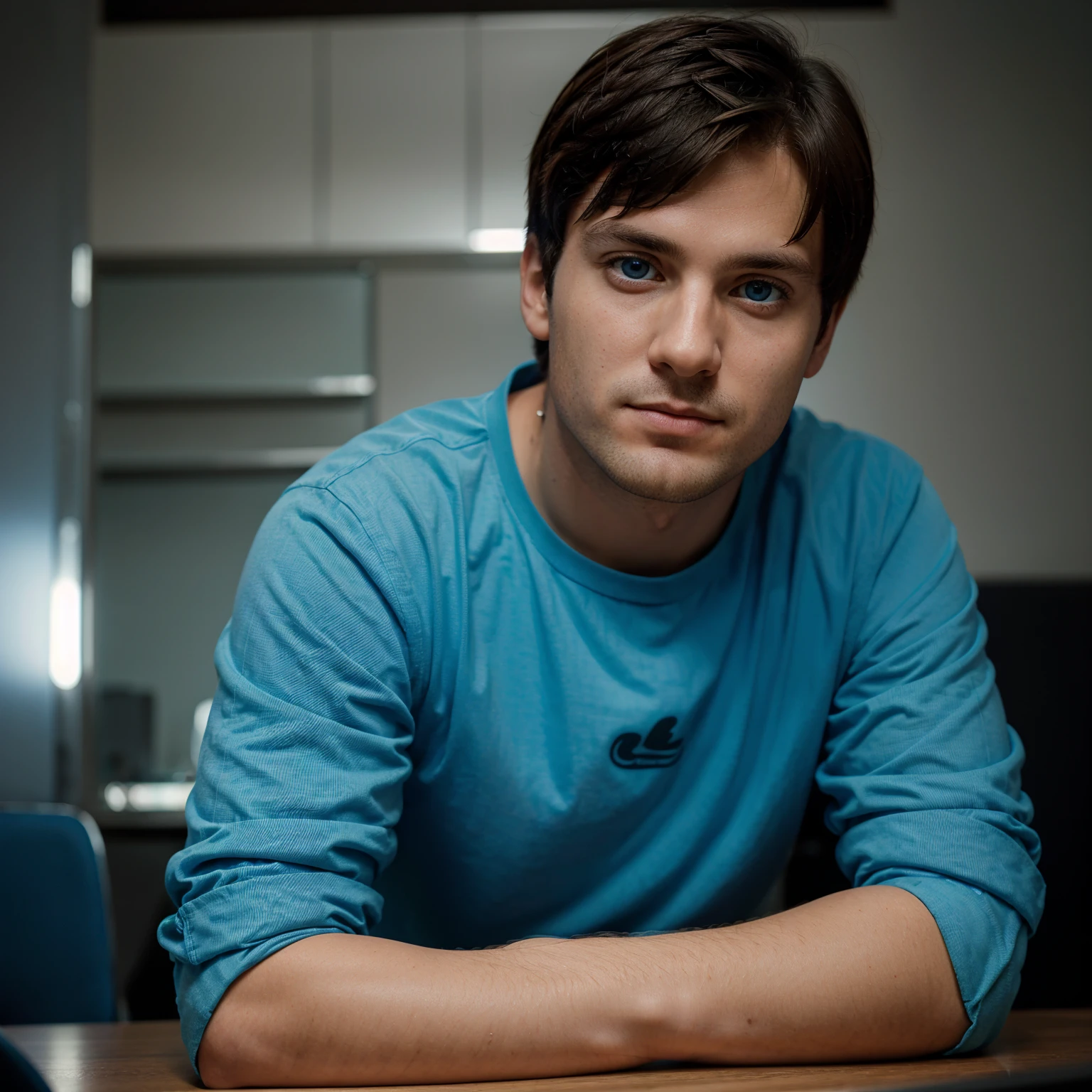 The programmer sits at the table, his face and look directed to the camera, short haircut, bright blue eyes, intelligent thoughtful face. on the table in front of the programmer is a laptop. The background is blurred. Highly detailed portrait