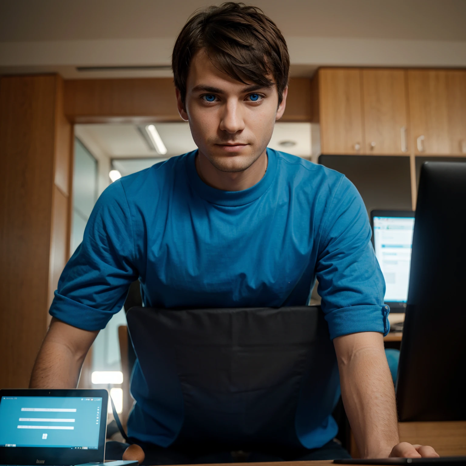The programmer sits at the table, his face and look directed to the camera, short haircut, bright blue eyes, intelligent thoughtful face. on the table in front of the programmer is a laptop. The background is blurred. Highly detailed portrait