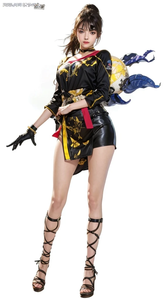 "Marie Rose", with a sensual and seductive ninja style. She must be wearing a long, white kimono with a delicate floral print and a plunging neckline. Your obi (waist sash) should be shiny black silk with a gold band. Your sandals should be made of traditional Japanese wood, with a moderate height and a blue color. She must be wearing a black leather vest, with a pouch on the side for hidden weapons. Your mask should be white and thin, showing only your eyes. Your hair should be loose and long, with light waves and a shiny black headband.