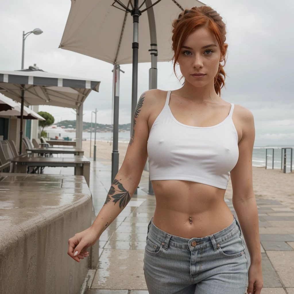 Create an image of only one young, sporty European woman in her mid-20s. to athletic figure with a small bust. She is tattooed and has some piercings. She has ginger red hair with some highlights that lead to a cheeky hairstyle. Her eyes are an exciting green. She also has some freckles that make her look slightly cheeky and a sensual mouth. It's a rainy summer day and she have a walk at the beach of Nice. She is wearing a white, light top and gray, short jeans. She is wet from the rain.