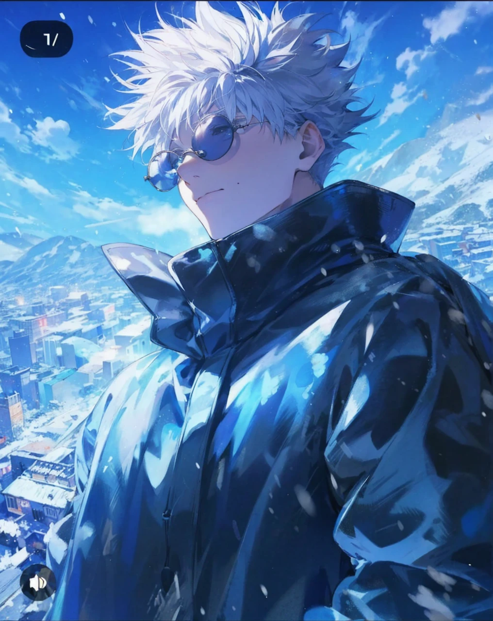 - **the background:** Snow-filled winter wallpaper showing the city with tall buildings covered in snow. The sky is bright blue with some clouds.
- **Personal:** A man with fluffy white hair and dark round sunglasses.
- **attire:** He wears a long, wide coat of dark blue color with a sheen that shows the effect of snow on the fabric.
- **Additional details:** Personal تبدو مبتسمة بثقة، مع نظرة حادة تعكسها نظاراته الشمسية