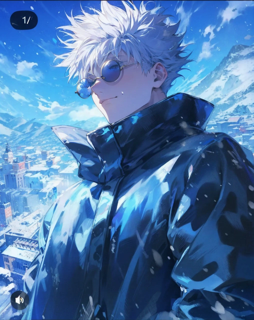 - **the background:** Snow-filled winter wallpaper showing the city with tall buildings covered in snow. The sky is bright blue with some clouds.
- **Personal:** A man with fluffy white hair and dark round sunglasses.
- **attire:** He wears a long, wide coat of dark blue color with a sheen that shows the effect of snow on the fabric.
- **Additional details:** Personal تبدو مبتسمة بثقة، مع نظرة حادة تعكسها نظاراته الشمسية