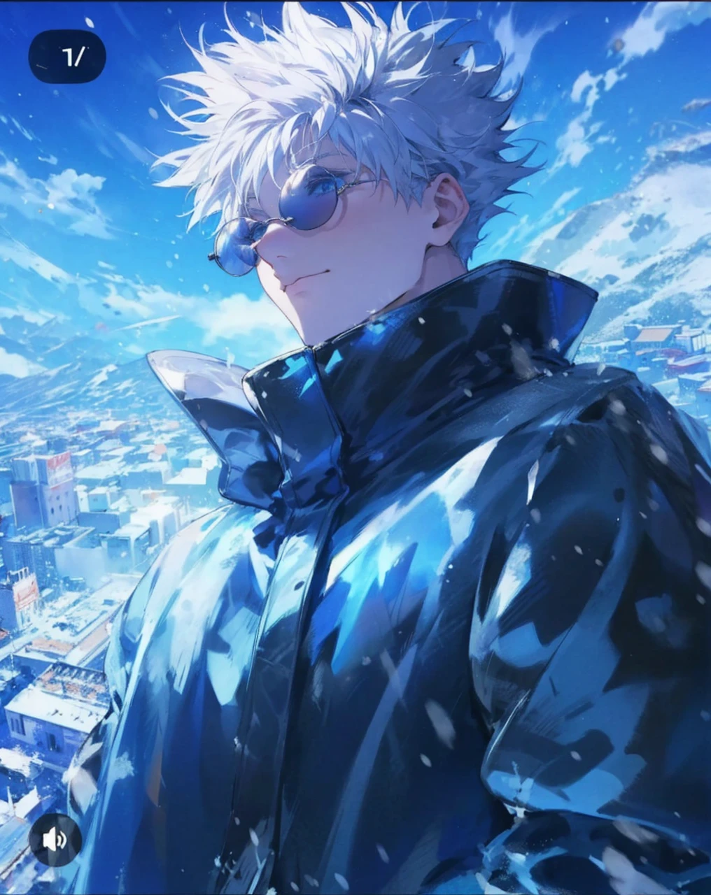 - **the background:** Snow-filled winter wallpaper showing the city with tall buildings covered in snow. The sky is bright blue with some clouds.
- **Personal:** A man with fluffy white hair and dark round sunglasses.
- **attire:** He wears a long, wide coat of dark blue color with a sheen that shows the effect of snow on the fabric.
- **Additional details:** Personal تبدو مبتسمة بثقة، مع نظرة حادة تعكسها نظاراته الشمسية