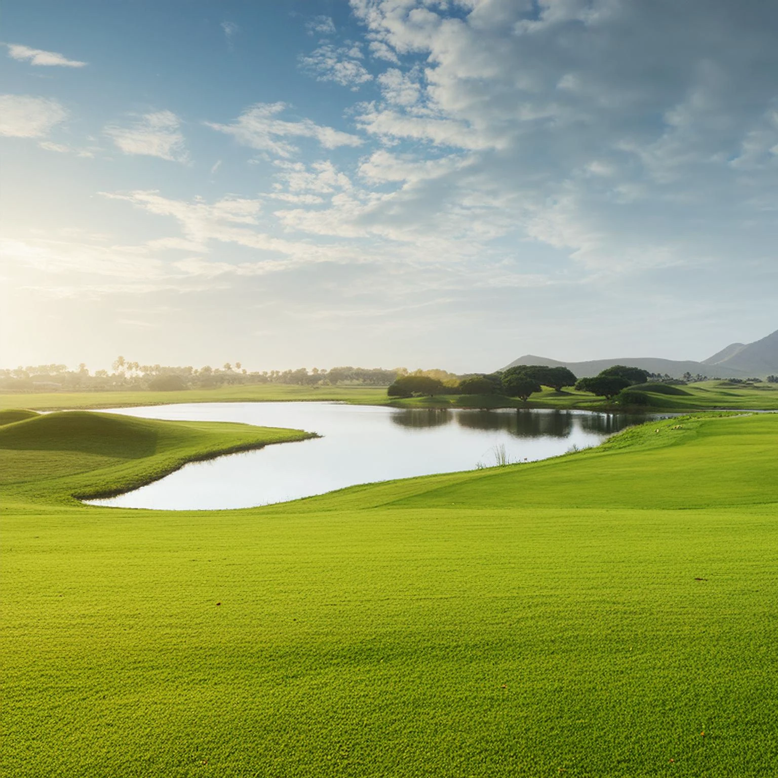 Overlooking the golf course，There are trees around, perfect green fairway, Golf course in the background, royal green and nature light, Camelot GC, Lush Landscape, nice environment, breathtaking composition, Stunning footage, green pastures stretch for miles, Natural morning light, Shoot in the morning, Perfect view, grass landscape, Prime hour in the morning, Dramatic warm morning light