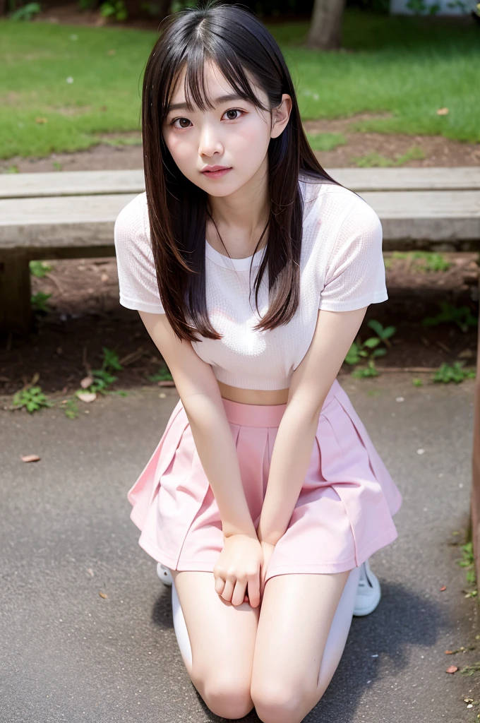 Shift the center of gravity backwards、Place your arms in front of your feet、Quite embarrassing。Pink good、Pink Panties、Thin legs、Tight Skirt、90 degree knee、Place your heels on the ground、Hands in front of feet、Hug my feet、Kneeling、Raw photo、8K、Highest quality、 Ultra-high resolution、Beautiful face in every detail、Realistic human skin、Gentle expression、View from the front、Angle from below、Hair length、Realistic、Photorealistic、cute、sitting on a park bench、cute女子大生。Surreal college girl、Esbian all over。Pink underwear showing through a white shirt。Check skirt。Because I&#39;m squatting、Her panties are visible through the gap between her legs。Summer Park。Full of smiles。Beautiful bust。cute笑顔。Sandals。