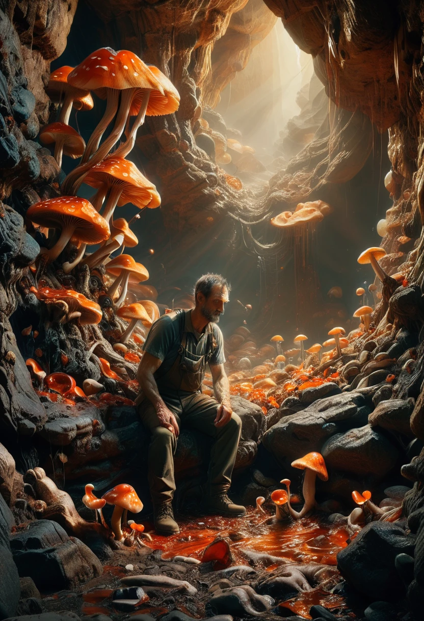 Portrait, one man in a large rocky cavern, faintly glowing mushrooms on ground and walls, biomechanical augmentations, biopunk, goopy, visceral, almost no light source, (dark room:1.1), (hazy air:1.2), dim lighting from mushrooms