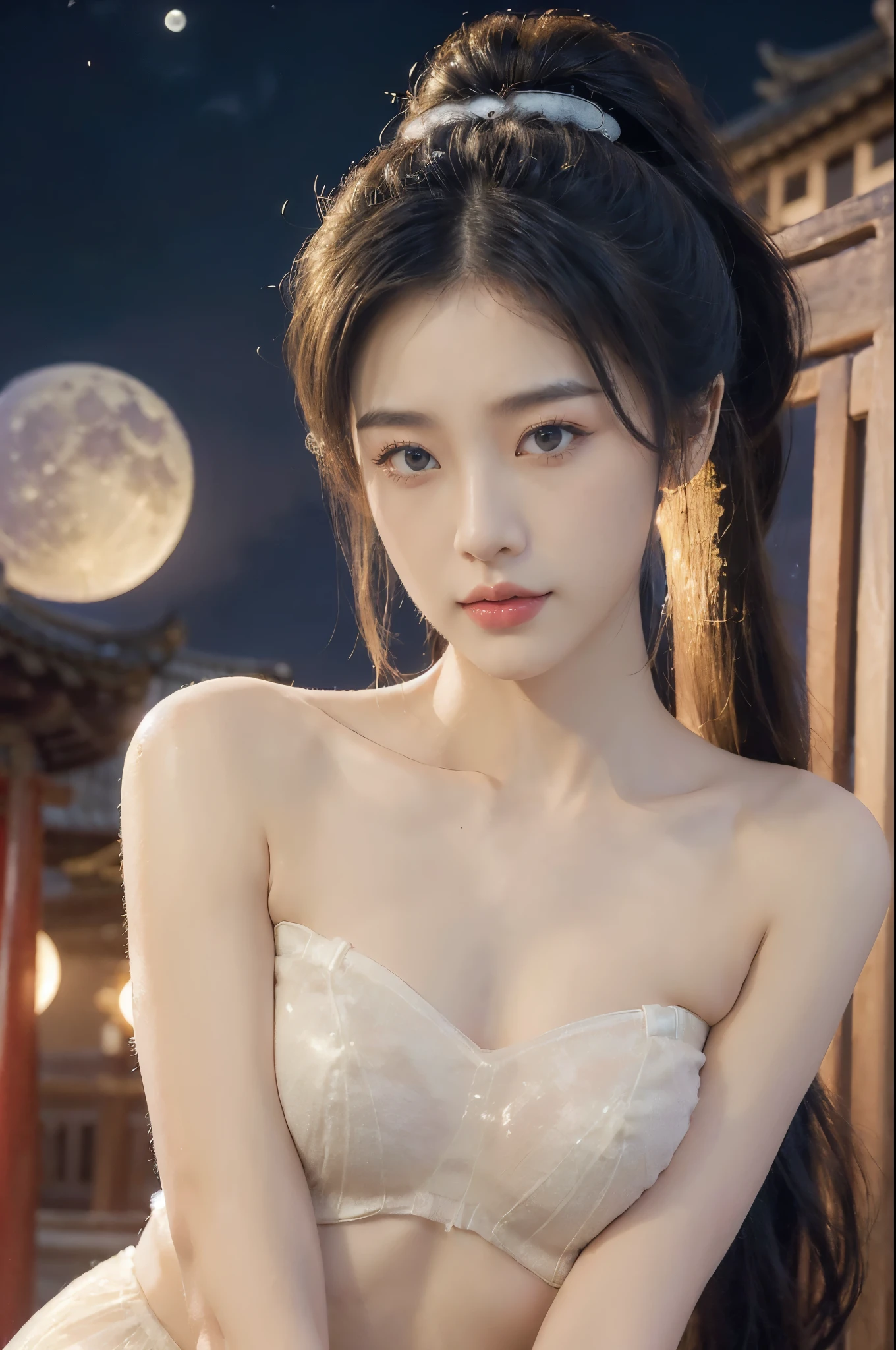 (((best quality))),(((ultra detailed))),(((masterpiece))),illustration,((1 beautiful girl,solo)),(short ponytail:1.2),((bright eyes,gentle smile)),((slim,thin)),((small breasts,flat chest)),(strapless white see through sheer bra:1.3),flowing fabric,serene demeanor,vibrant plants and trees,(Chinese-style architecture:1.3),tile roofs,intricate wooden carvings,rich and vivid colors,(serene glow of the moon:1.5),(((colorful clouds))),traditional Chinese garment,(((summer night,village courtyard))),((from front,close-up of face))