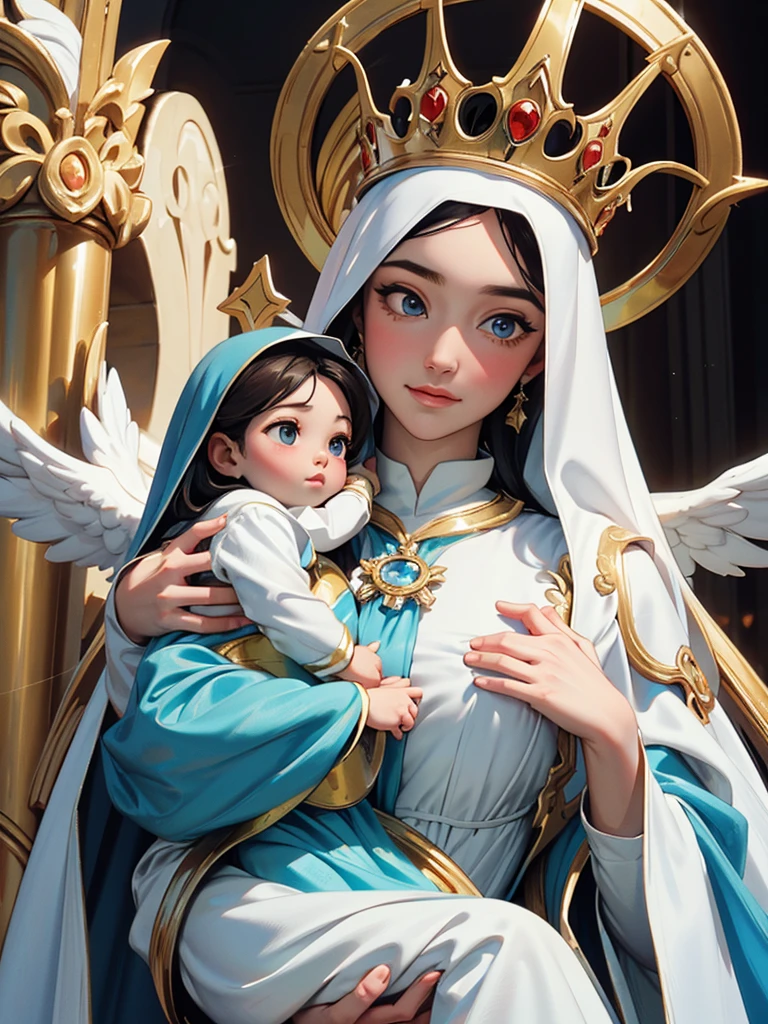 ((Best Quality)), ((Masterpiece)), (detailed), perfect faces, Virgin Mary holding baby Jesus, angels
