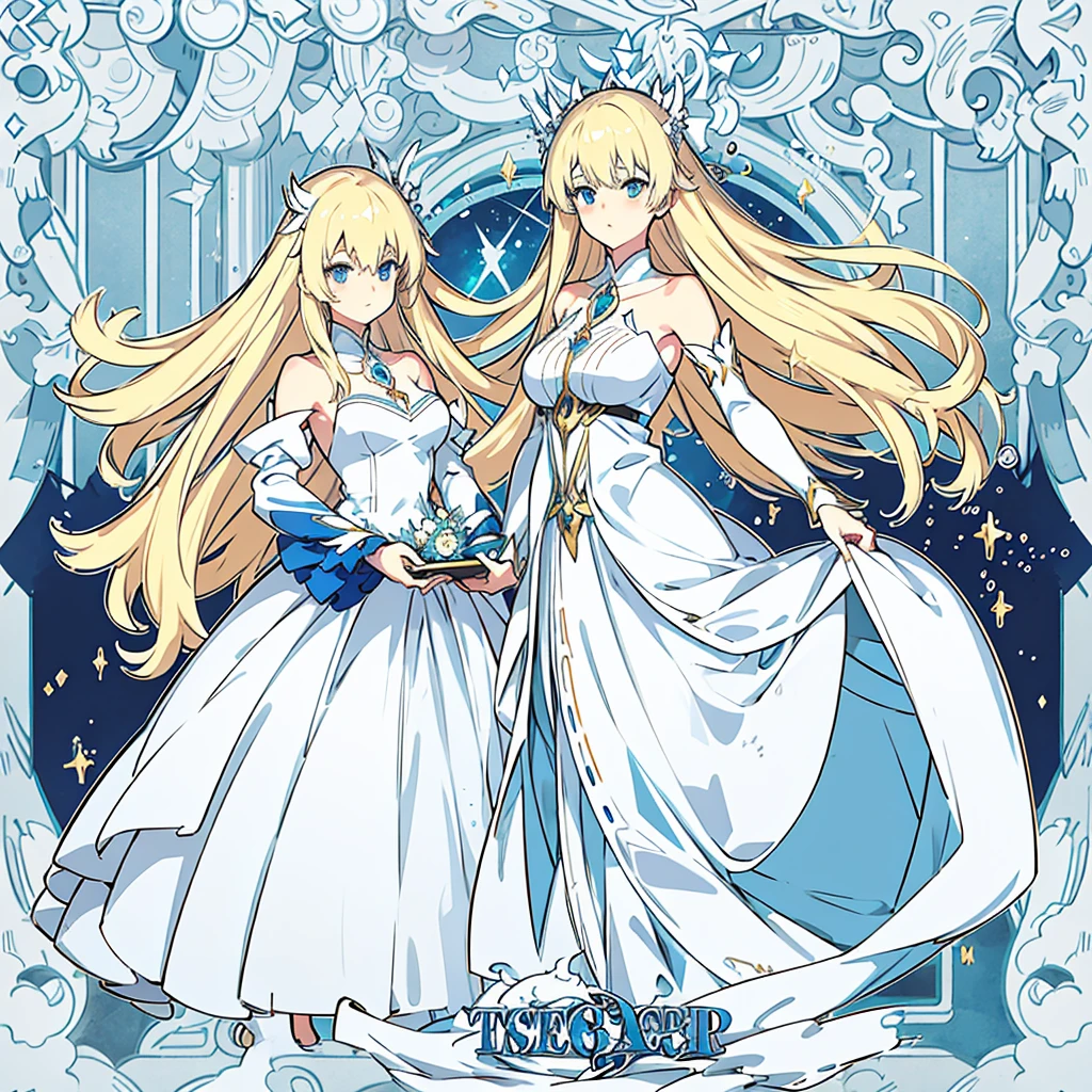 Anime girl with long blonde hair and blue eyes, elegantly dressed in a pristine white gown, named . Fate-like anime style permeates her enchanting aura. she embodies ethereal beauty.

