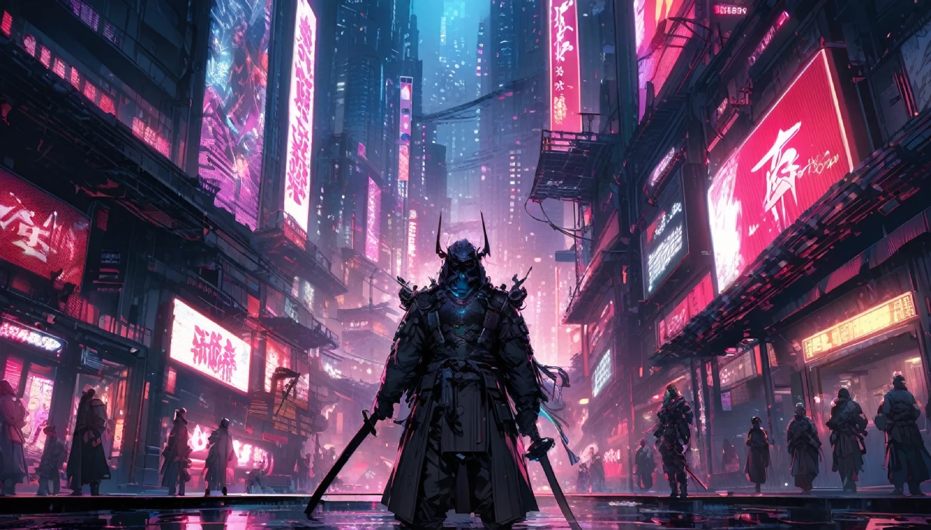 A fascinating black iron illustration, Japan samurai, Standing on the futuristic neon-lit street, Dystopian Cityscape. His sleek ebony armor is adorned with neon lights., He wields his plasma katana with expert precision.. The background shows a rough urban landscape,There are towering skyscrapers and holographic. The overall atmosphere is a blend of cyberpunk and samurai aesthetics, Facing chaos and uncertainty,Full of honor and justice.