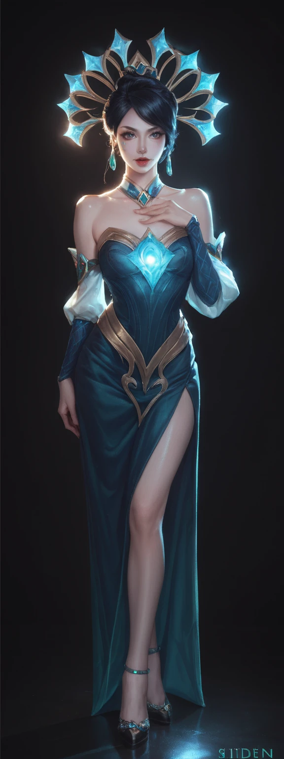 realistic, score_9, score_8_up, score_7_up, score_6_up, 
1girl, solo, from front, full body, Garen \(league of legends\),  black background, makeup, sidelighting, backlighting, glowing,