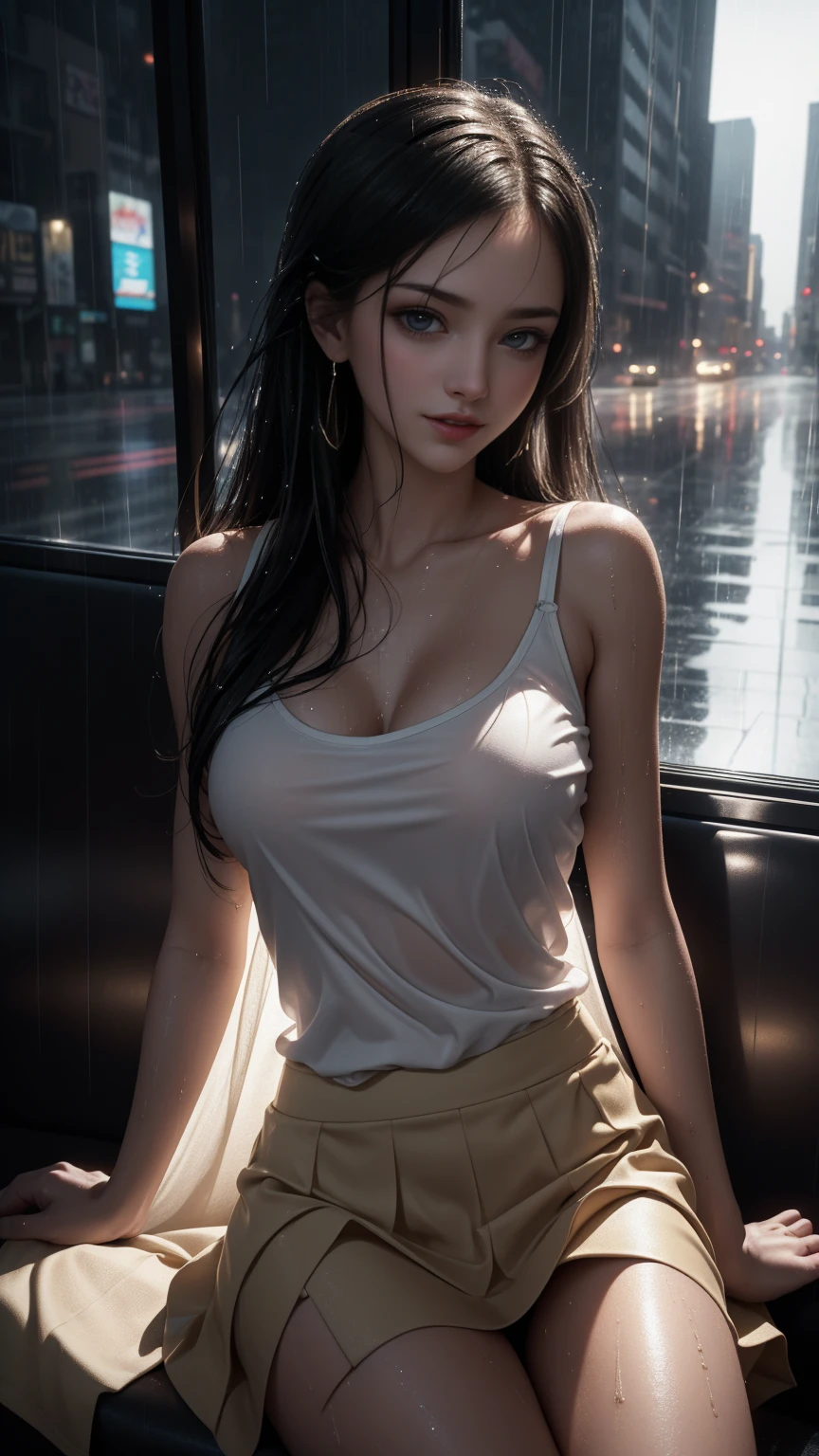 ((A girl running through the streets of New York))、(RAW shooting, Photorealistic:1.5, 8K, Highest quality, masterpiece, Ultra-high resolution), Perfect dynamic composition:1.2, Night Street Corner, Looking up at the sky:1.3, (((Heavy rain from a typhoon))), Highly detailed skin and face textures:1.2,( 雨にWetスリムな女性:1.3), Sexy beauty, Perfect Style:1.2, Aesthetic and beautiful, Fair skin, Very beautiful face, (Rain dripping all over my body:1. 2, Wet髪:1.4, Wet:1.2), Water droplets on the skin, (Medium sized breasts, Chest gap), (Shy laugh, The expression when feeling intense caressing, Facial expression when feeling pleasure), (Beautiful blue eyes, Beautiful erotic eyes:0.8), (Too erotic:0.9, Alluring:0.9),((Wet白いブラウス))、((Wetタイトスカート)) Second bag, Perfect body, Perfect fingertips（Girl sitting on train seat)、Best quality work，Actual work，Ultra Premium Graphics，8K HD CG works，High quality graphics，High-definition CG works，10x pixels，Extremely fine detail：1.1，Advanced Technical Details：1.1 Photorealistic，Indoor lighting effects：1.5，Natural light：1.5. Light effects（virtual Light effects：1.8）,（Golden white short hai(RAW shooting, Photorealistic:1.5, 8K, Best lift up skirt