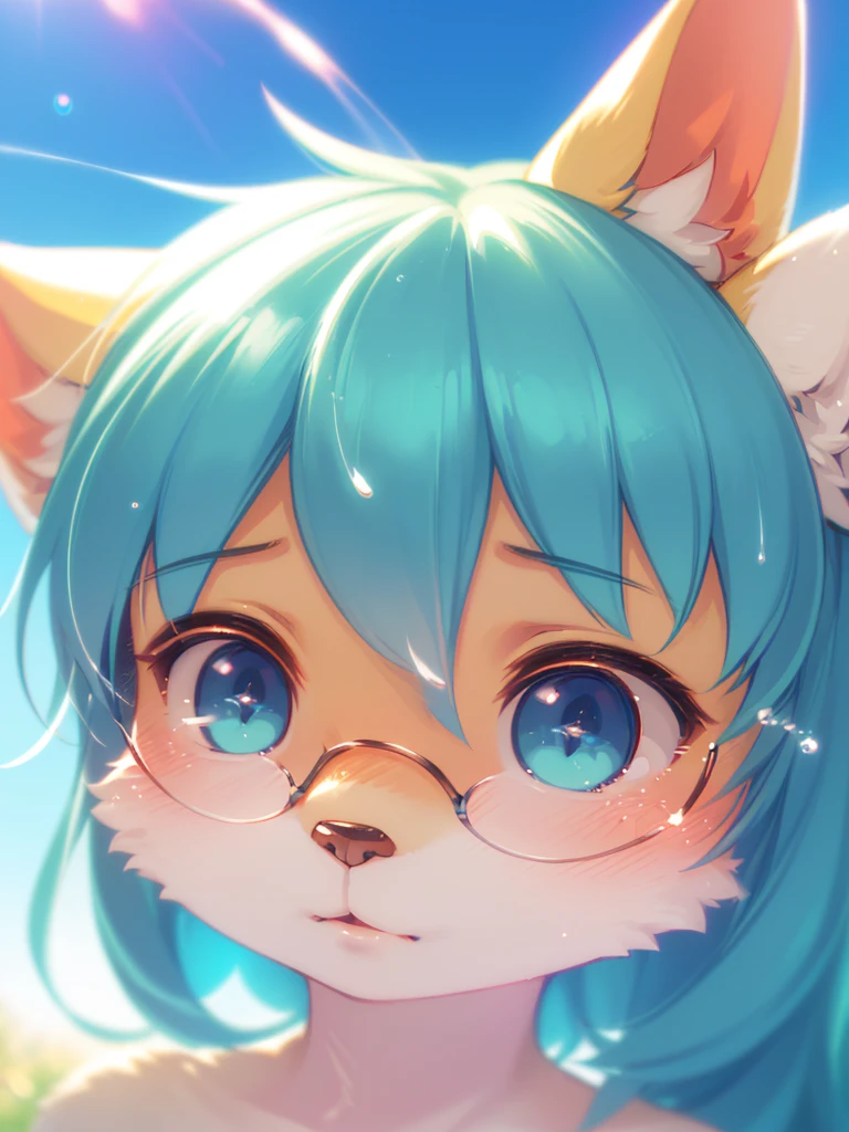 (Sumilux f1.4 75mm , low Latitude old color negative film , cross process , bokeh, flare, chromatic aberration , soft focus, (Shallow focus) , soft glow , Maximum aperture, High Key , Transparent depiction) , closeup face , dull geek female racoon dog , splash cream on face