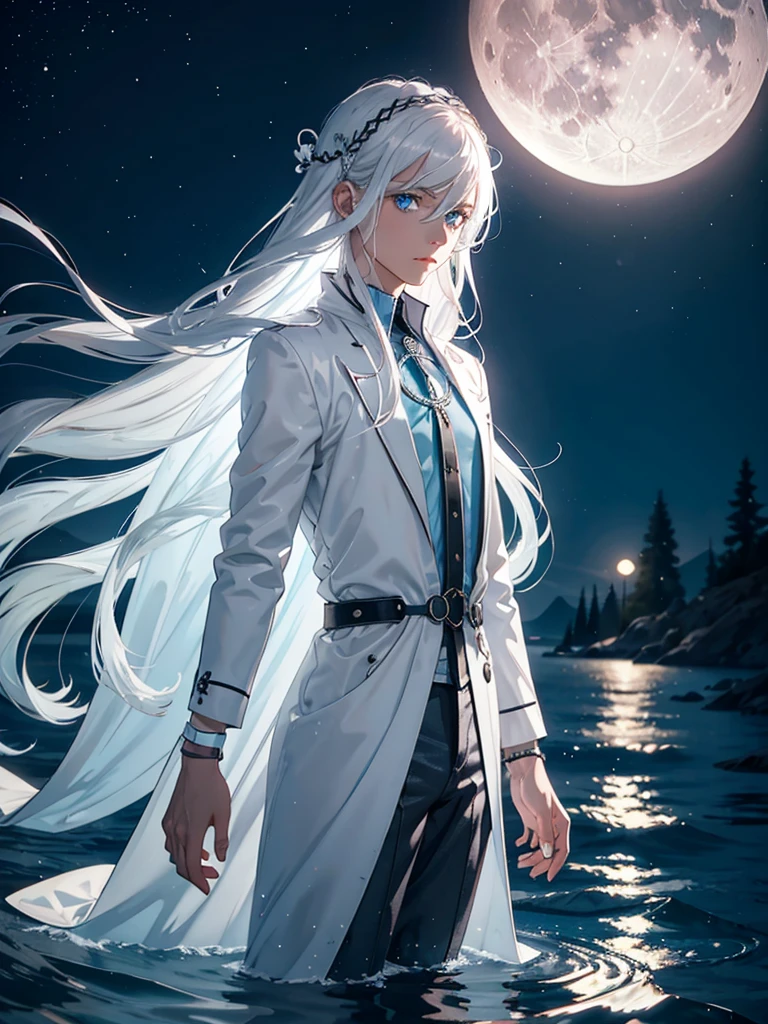 Moderne Jacke. Boy. Mann. Flach. Long hair. long white hair. aquatic, boy, Goddess of the Moon, silver hair accessories, White hair, White dress, cape, at night, saturated colors, light eyes, bright, light blue light, blue eyes, Jewelry silver, bluish light, Full moon in the background, aquatic in der Luft rosa kerzen