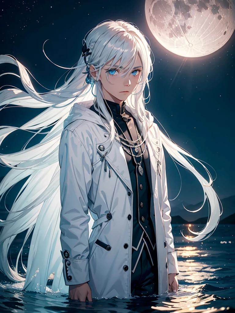 Moderne Jacke. Boy. Mann. Flach. Long hair. long white hair. aquatic, boy, Goddess of the Moon, silver hair accessories, White hair, White dress, cape, at night, saturated colors, light eyes, bright, light blue light, blue eyes, Jewelry silver, bluish light, Full moon in the background, aquatic in der Luft rosa kerzen
