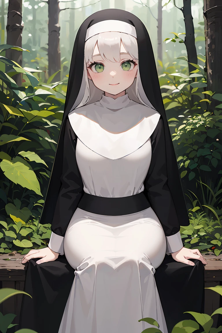 masterpiece, best quality, highly detailed background, perfect lighting, best quality, (extremely detailed face), volumetric lighting, intricate details, shadow, tonemapping, sharp focus, hyper detailed, trending on Artstation, (solo), ((Looking at the viewer)), (White hair), ((thin)), ((green eyes)), ((nun)), ((dressed as a nun)), ((nun's long skirt)), ((delicate)), ((thin and fine figure)), ((elegant)), ((smile)), (blush) ((sitting in the forest)) ((dressed all in black))