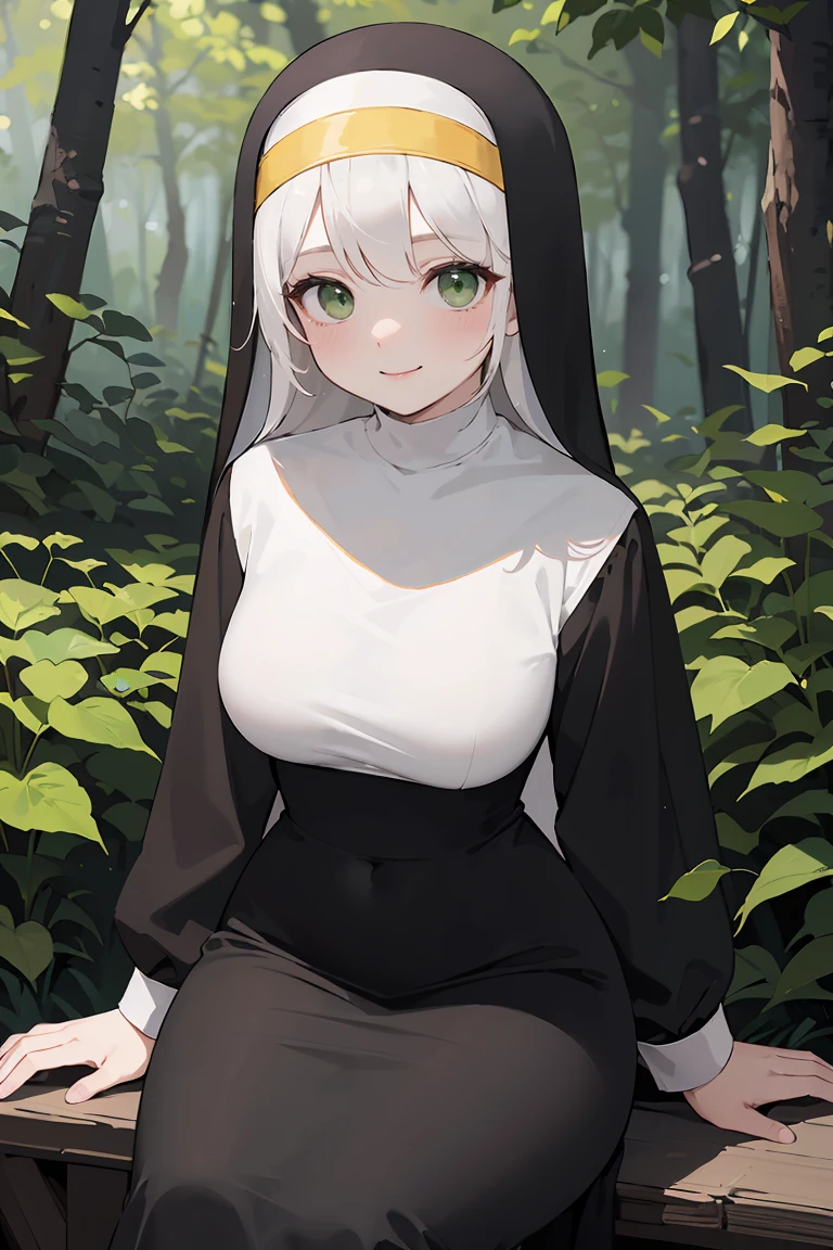 masterpiece, best quality, highly detailed background, perfect lighting, best quality, (extremely detailed face), volumetric lighting, intricate details, shadow, tonemapping, sharp focus, hyper detailed, trending on Artstation, (solo), ((Looking at the viewer)), (White hair), ((thin)), ((green eyes)), ((nun)), ((dressed as a nun)), ((nun's long skirt)), ((delicate)), ((thin and fine figure)), ((elegant)), ((smile)), (blush) ((sitting in the forest)) ((dressed all in black))