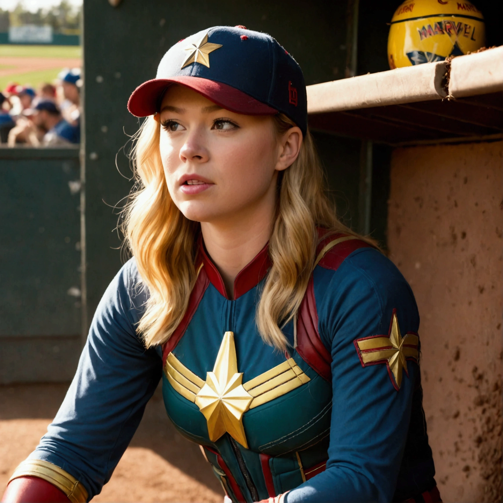 (Brea Larson, age 25, Captain Marvel, baseball cap, chewing tobacco) she is sitting in the baseball dug out spitting into a cup, crowded dugout, baseball game
