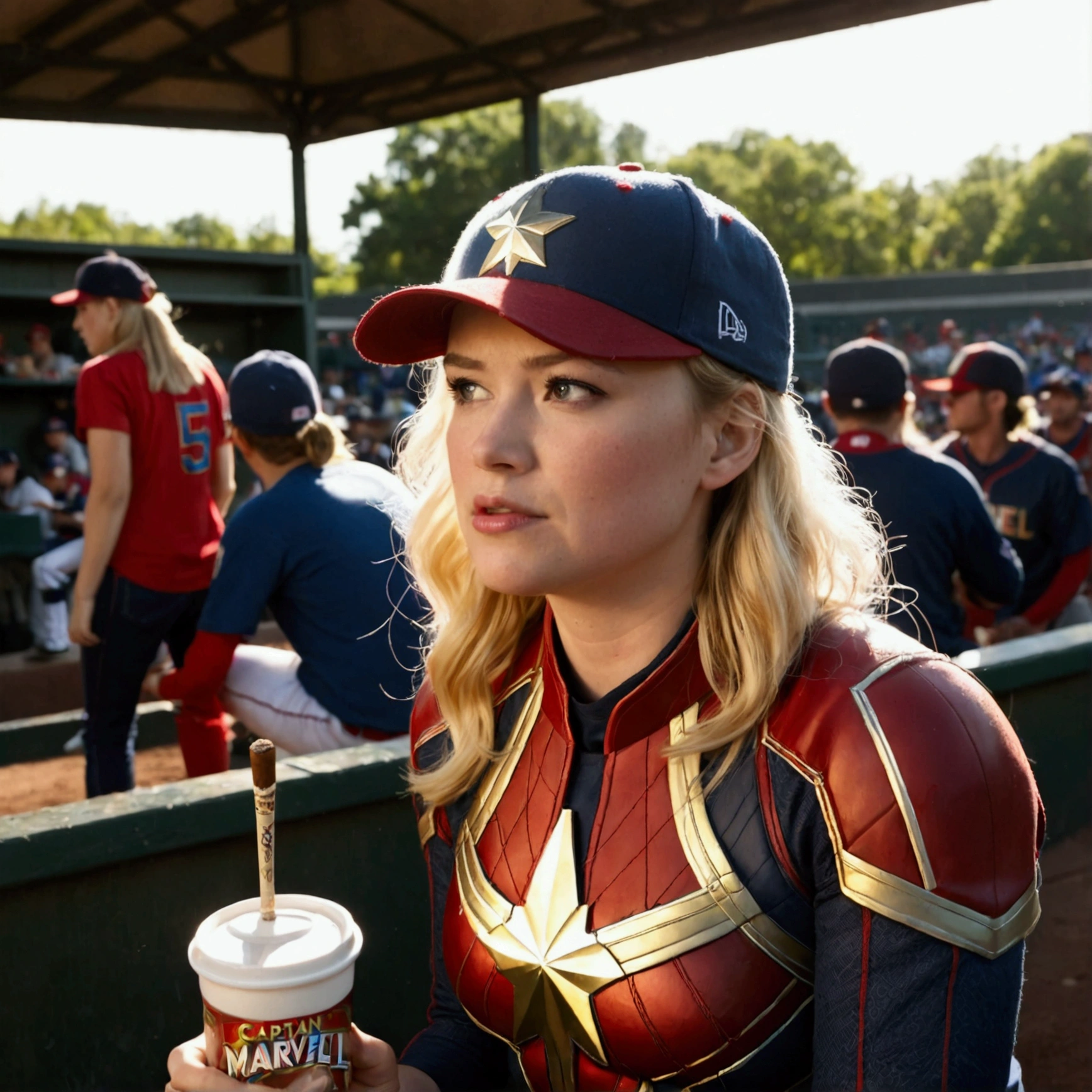 (Brea Larson, age 25, Captain Marvel, baseball cap, chewing tobacco) she is sitting in the baseball dug out spitting into a cup, crowded dugout, baseball game
