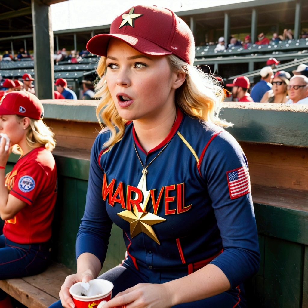 (Brea Larson, age 25, Captain Marvel, baseball cap, chewing tobacco) she is sitting in the baseball dug out spitting into a cup, crowded dugout, baseball game
