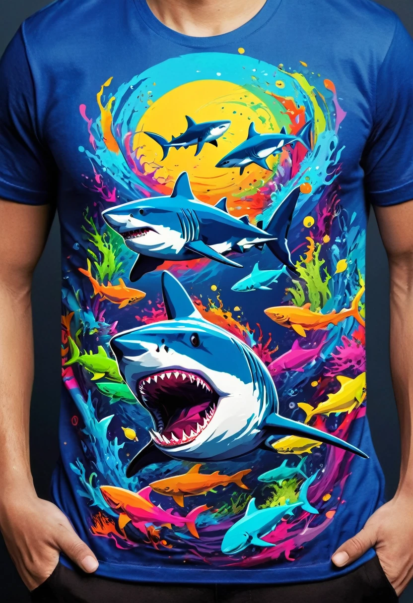 A t-shirt with vector art of a colorful illustration of sharks in the middle of the sea, At the center, swirly vibrant colors, paint splashes and smears, high détail, t-shirt designs
(work of art, best qualityer, proffesional, perfect composition, very aesthetic, absurdrez, super verbose, details Intricate:1.3)