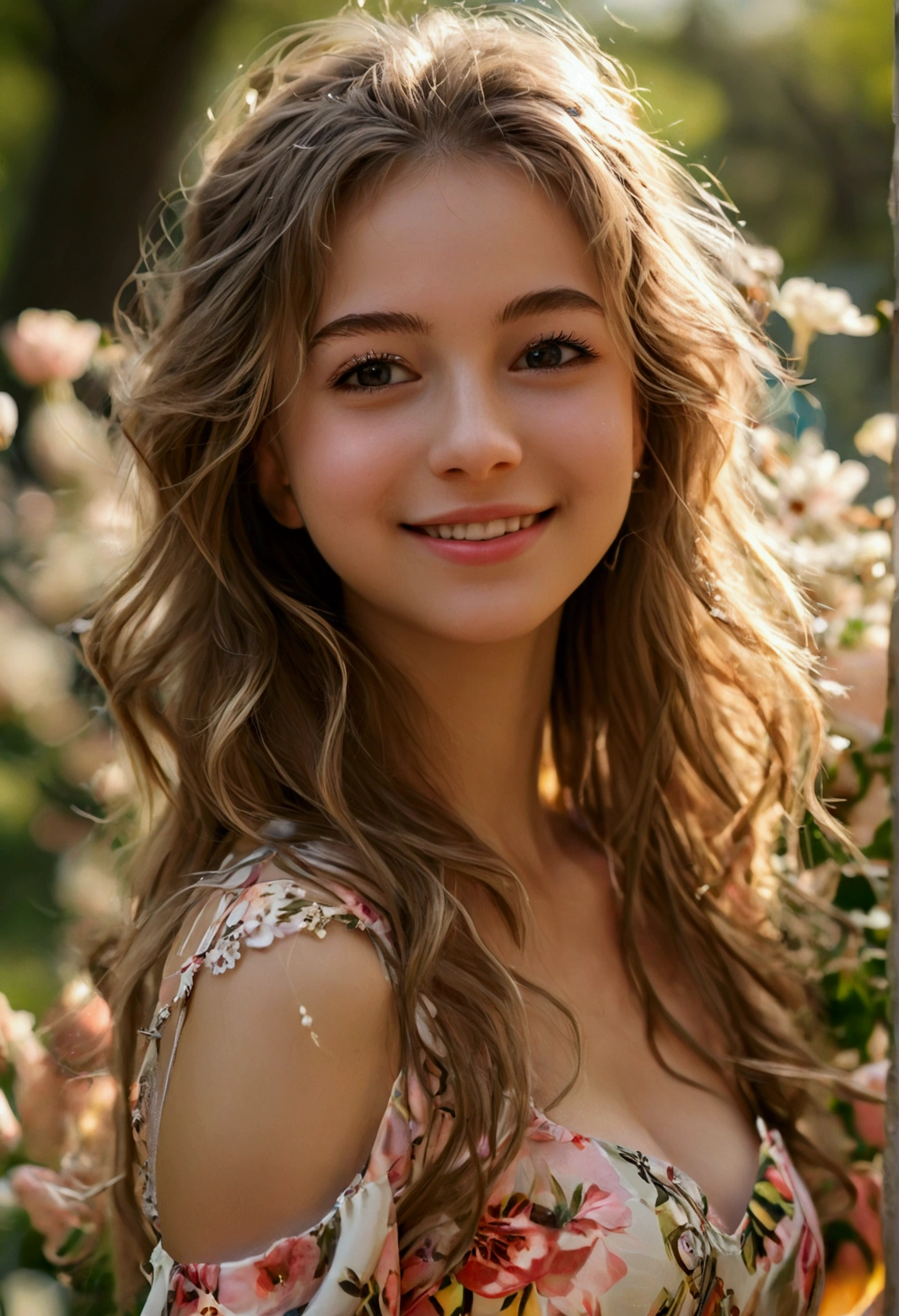 (masterpiece),(best quality:1.0), (ultra highres,), detailed,1girl, 20 years old, dark Blonde hair, long hair, straight hair, eyelashes, make up, mascara, skinny body, narrow waist, small breasts, C-Cup, light smile, smiling with mouth closed, tight floral dress, short slevees, small hips, walking in the park, day, sunny, full body view,
