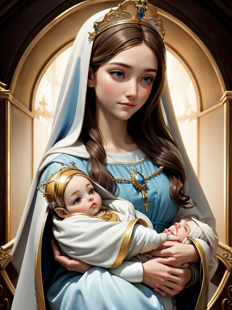 a close up of a woman holding a baby in her arms, virgin mary, with jesus, mother, queen of heaven, beautiful depiction, holy, catholic religious art, holy and beautiful, rendered, beautiful image, beautiful art, jayson tatum as mother mary