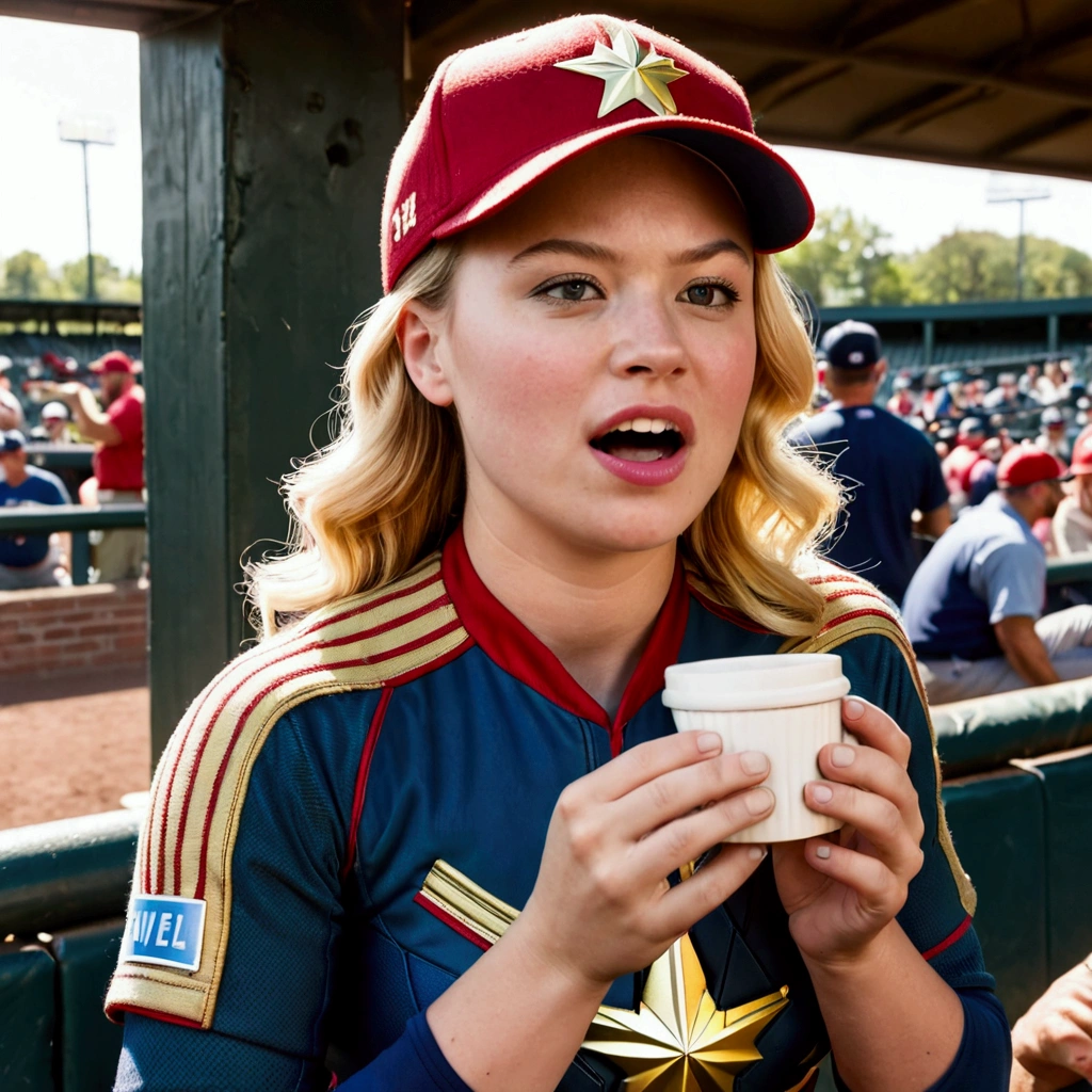 (Brea Larson, age 25, Captain Marvel, baseball cap, chewing tobacco) she is sitting in the baseball dug out spitting into a cup, crowded dugout, baseball game